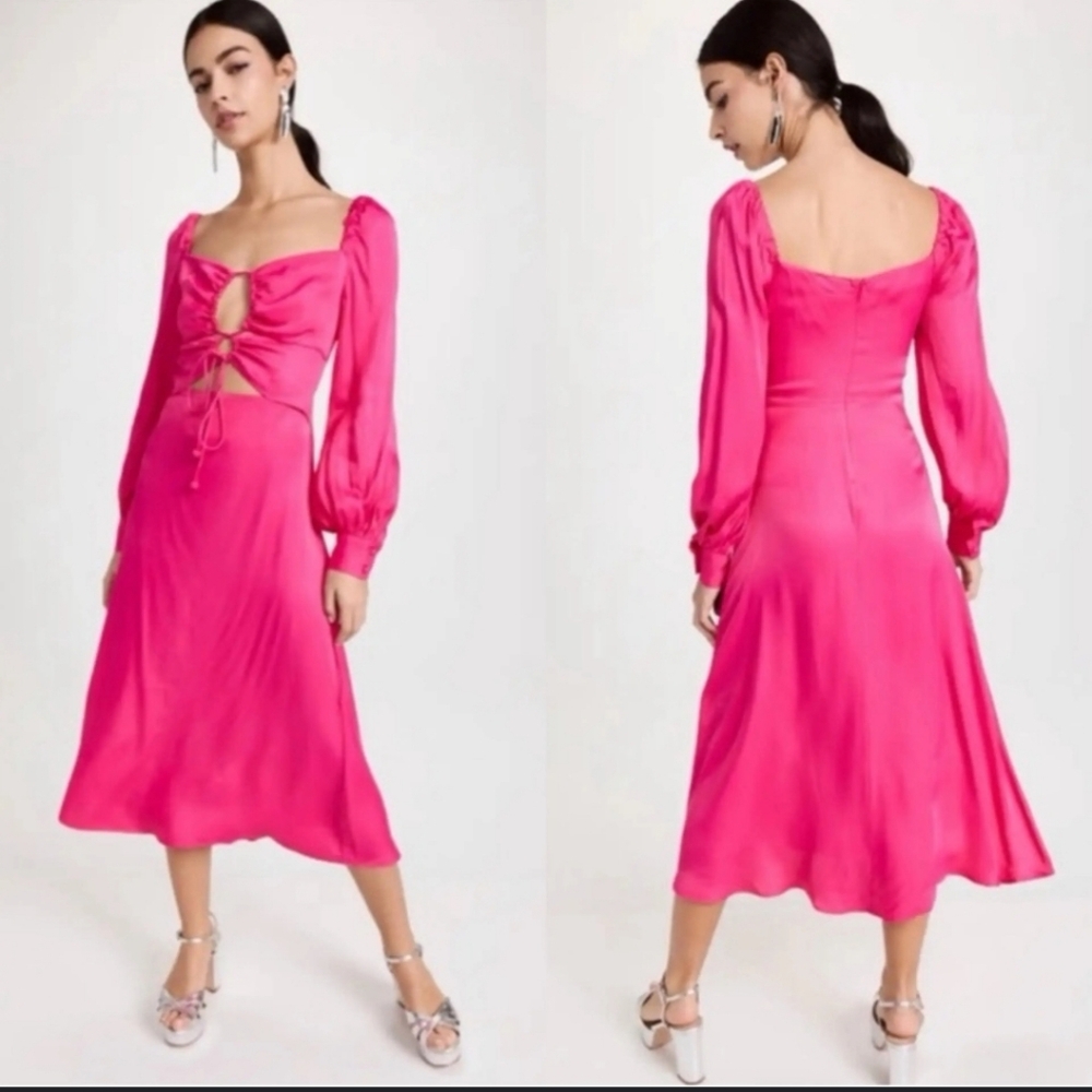 NWT FARM Rio Pink Cut Out Long Sleeve Satin Midi Dress Size M